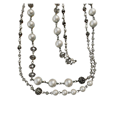 Beaded Necklace Grey Silver Long